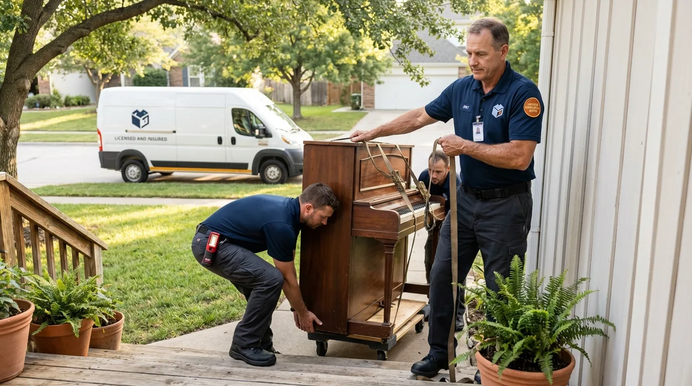 Licensed piano movers securing grand piano in Cape Neddick, ME