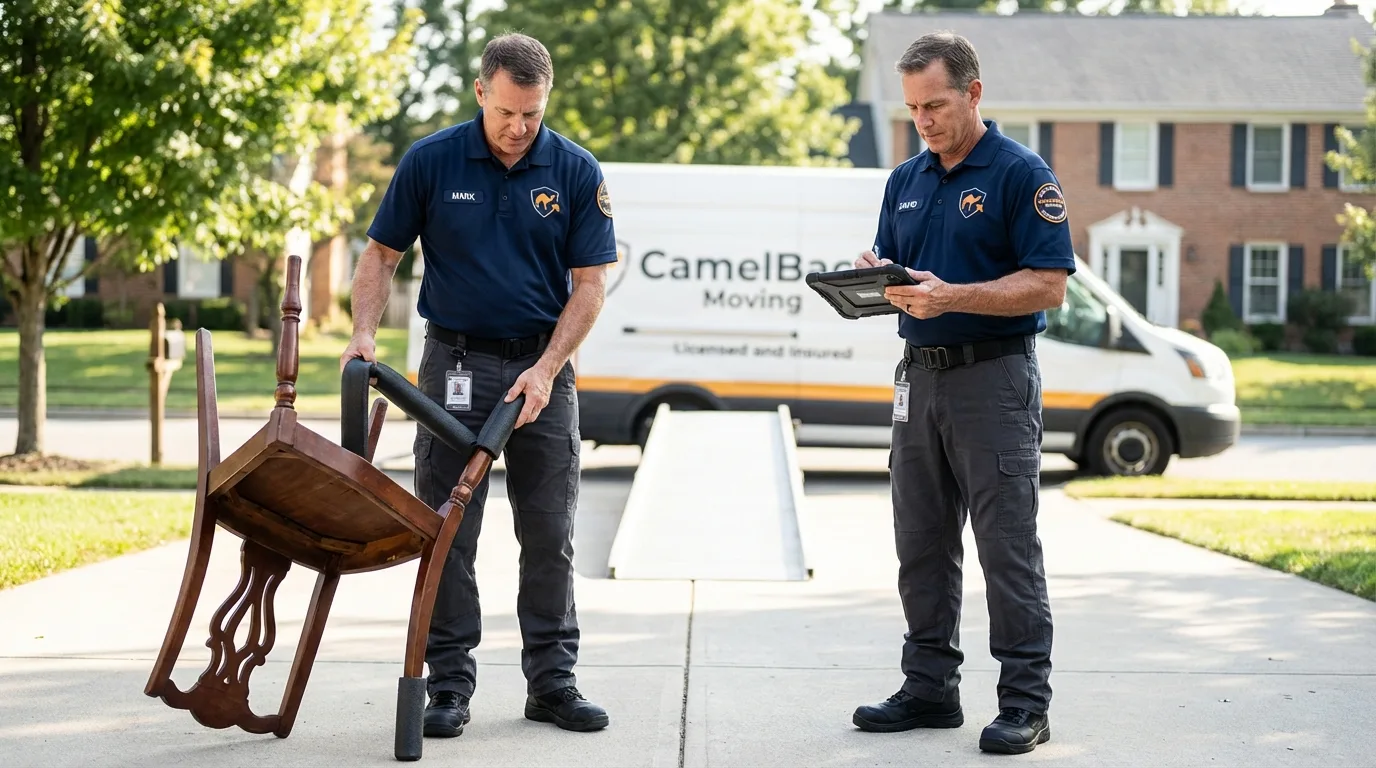Movers inspecting furniture for damage prevention before loading in Cape Neddick, ME