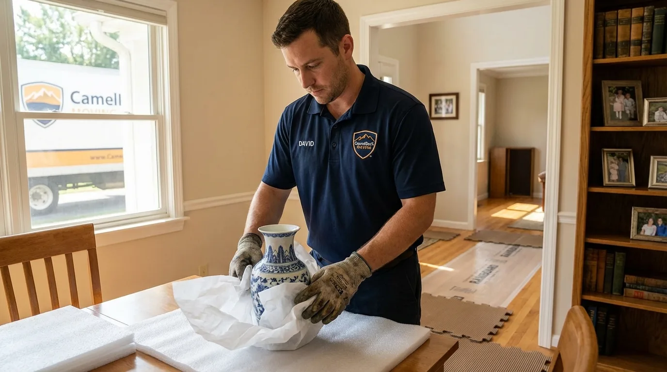 Professional crew carefully wrapping antique vase for senior downsizing move in Cape Neddick, ME